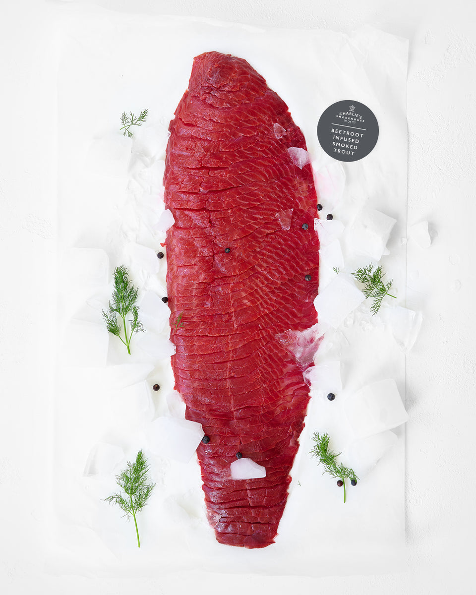 Smoked Trout Whole Side Beetroot infused 850g-1100g – Charlie's Smokehouse